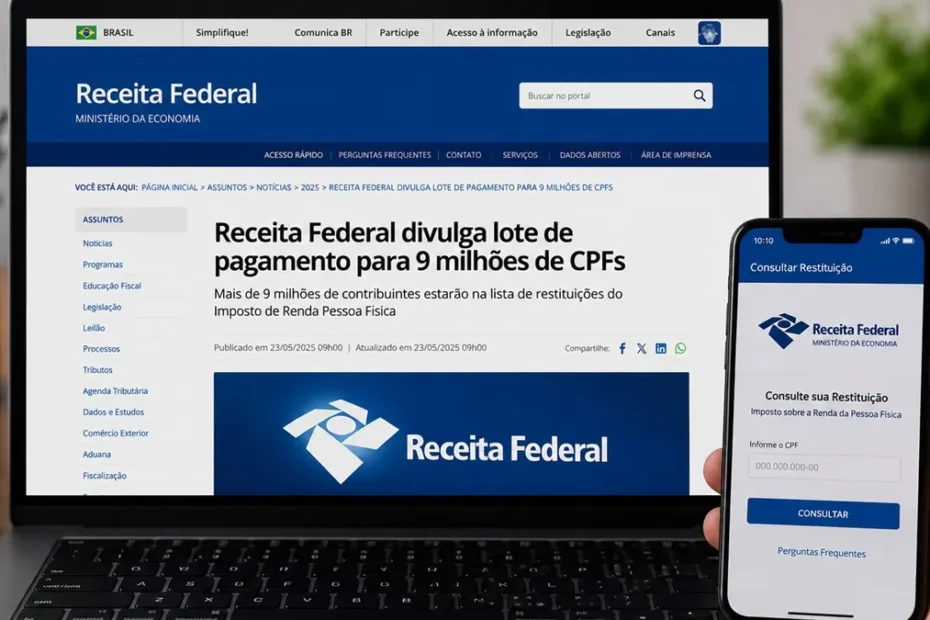 Pessoa verificando o status de sua restituição do Imposto de Renda no celular com expressão de alívio.