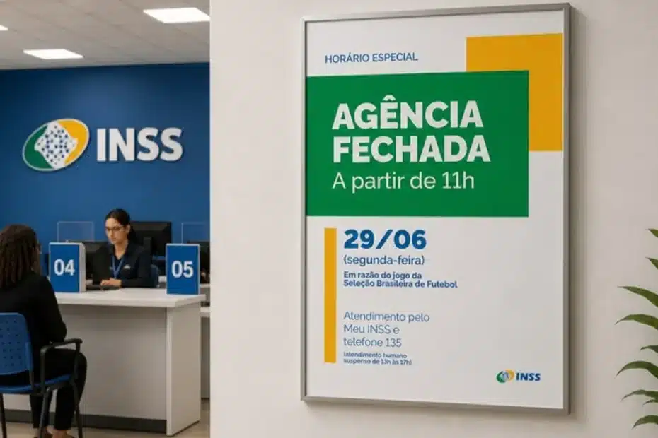 Pessoa idosa utilizando o aplicativo Meu INSS em um smartphone, com a fachada de uma agência do INSS desfocada ao fundo, simbolizando a busca por informações sobre atendimento.