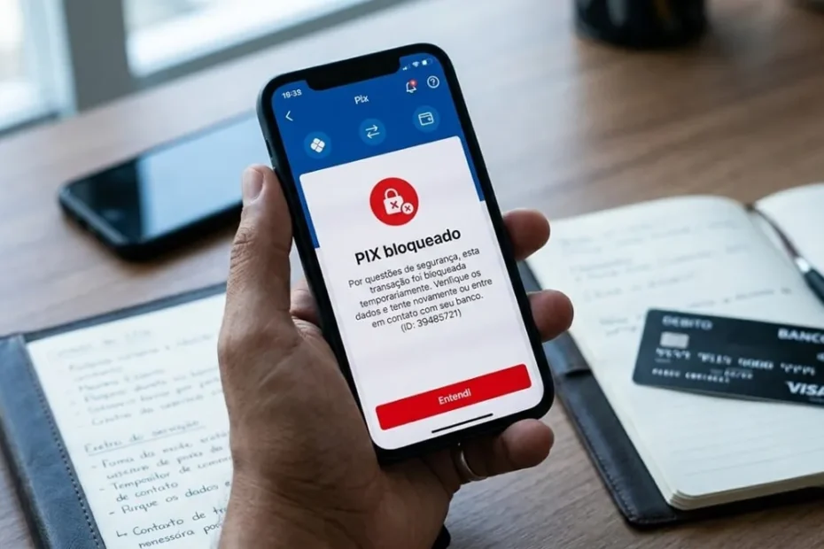 Mão segurando celular com app Pix exibindo alerta de segurança
