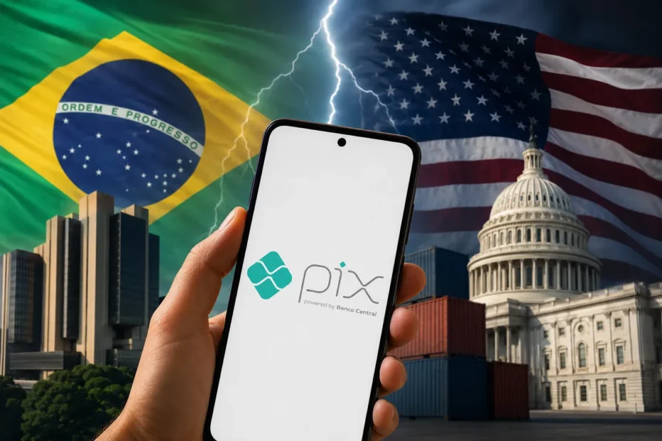 Terminal de pagamento exibindo o logo do Pix em uma rua movimentada.