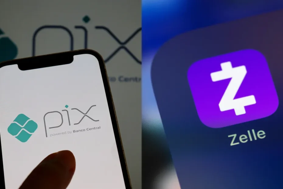 Comparação visual entre as interfaces do Pix e Zelle em smartphones.
