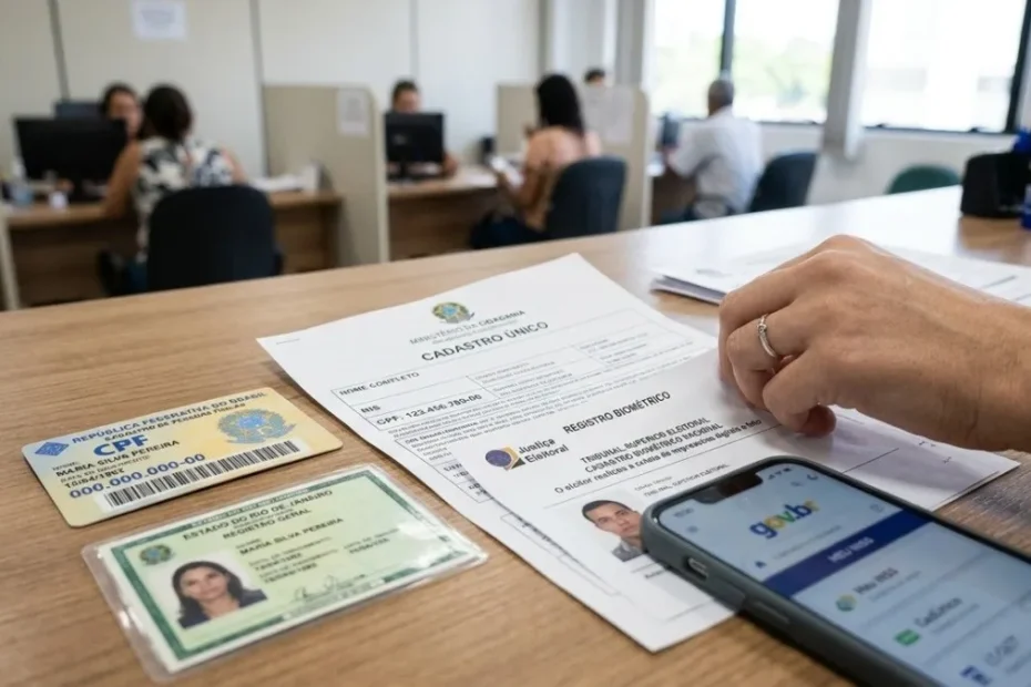 Mãos de uma pessoa utilizando leitor biométrico para cadastro de identidade digital.
