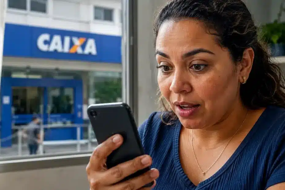 Mão segurando celular com app FGTS aberto, simbolizando saque de calamidade