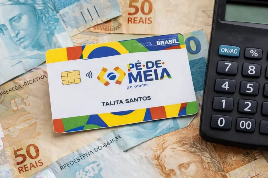 Estudantes felizes saindo de uma prova do Enem, um deles conferindo o celular, simbolizando o bônus do Pé-de-Meia.