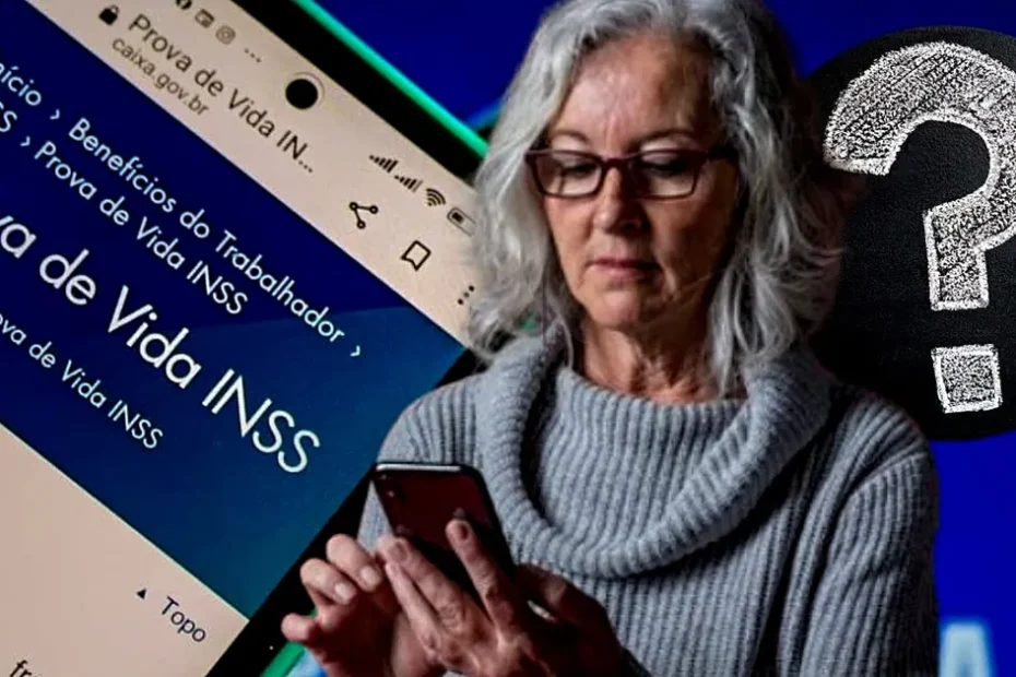 Idoso brasileiro olhando para um smartphone ou extrato bancário, preocupado com a prova de vida do INSS