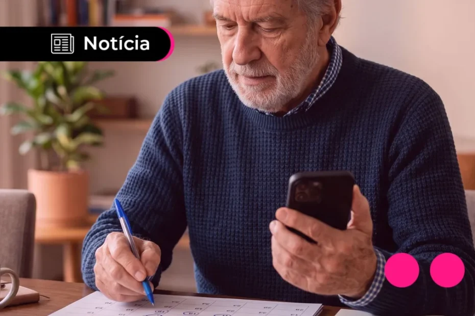 Mão de idoso usando aplicativo do INSS no celular, com expressão de preocupação