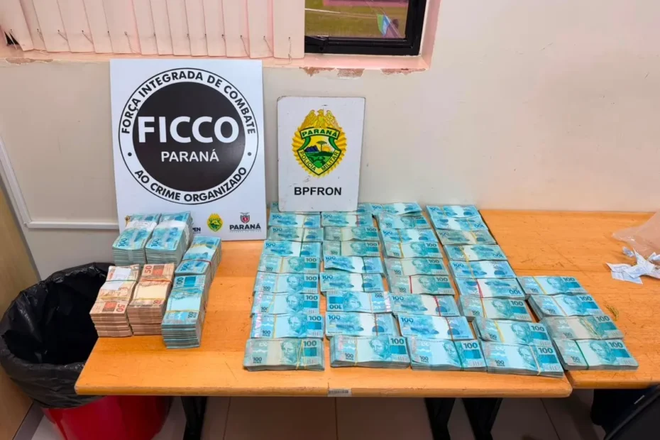 Notas de reais apreendidas em operação contra evasão de divisas em Foz do Iguaçu
