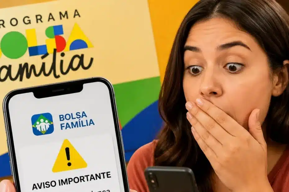 Pessoa preocupada olha o aplicativo do Bolsa Família no celular, com gráfico indicando limite de renda.