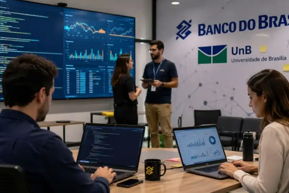 Profissionais do Banco do Brasil e UnB colaborando em projeto de Inteligência Artificial para finanças.