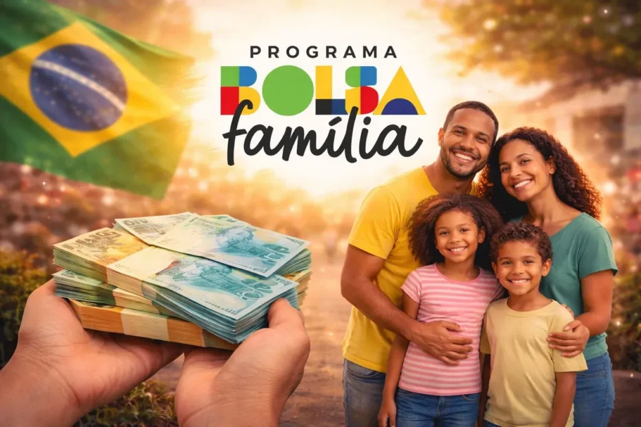 Família brasileira sorri enquanto verifica o saldo do Bolsa Família no aplicativo Caixa Tem em um smartphone.
