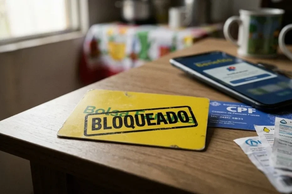 Mulher preocupada olhando o celular com aviso de pagamento bloqueado do Bolsa Família
