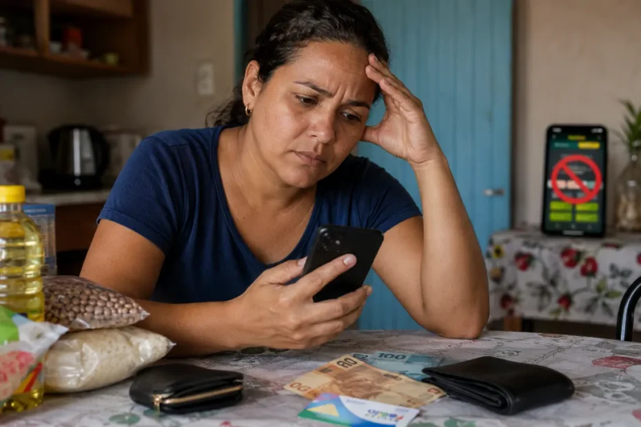 Mulher preocupada olhando o celular, com o Bolsa Família reduzido, em ambiente doméstico humilde.
