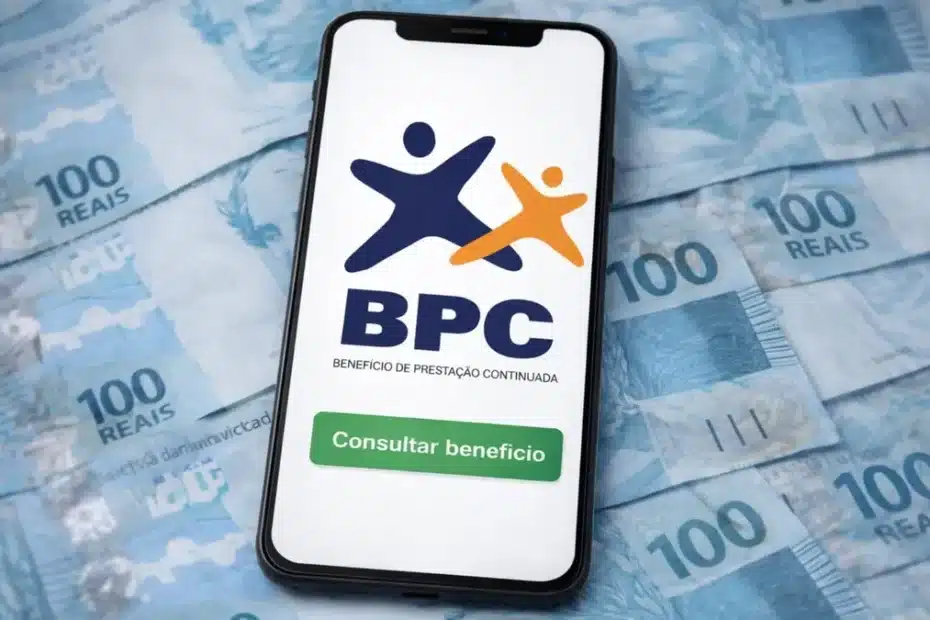Pessoa idosa checando informações sobre o BPC no celular, com expressão preocupada.