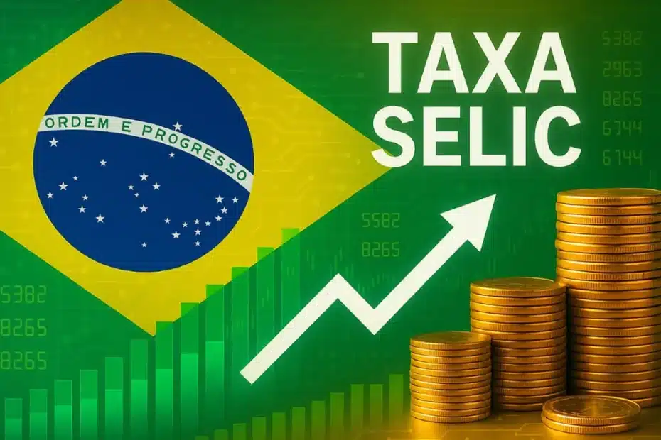Pessoa analisando gráficos financeiros em tablet, com destaque para a taxa Selic e o impacto em investimentos e crédito.