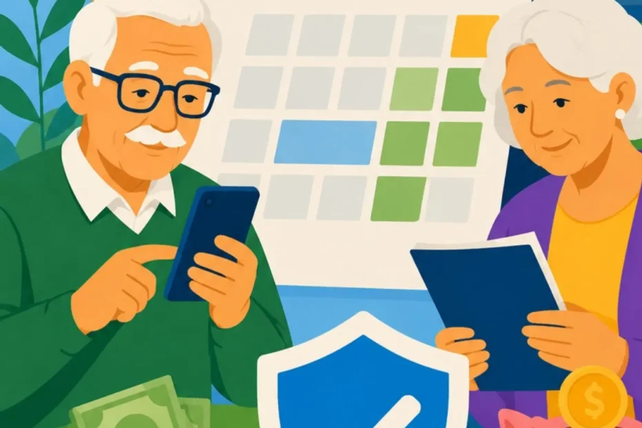 Pessoa idosa olhando o calendário do INSS no celular, pensando nas datas de pagamento de julho e agosto.