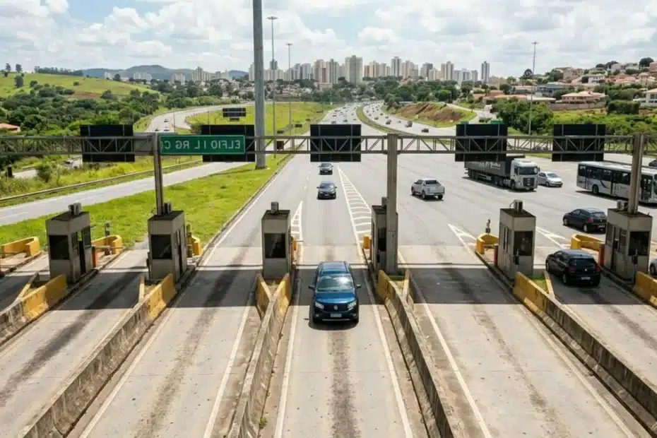 Carros passando por um pórtico de pedágio free flow em uma rodovia, com o sistema de câmeras e sensores visíveis, sob o pôr do sol.