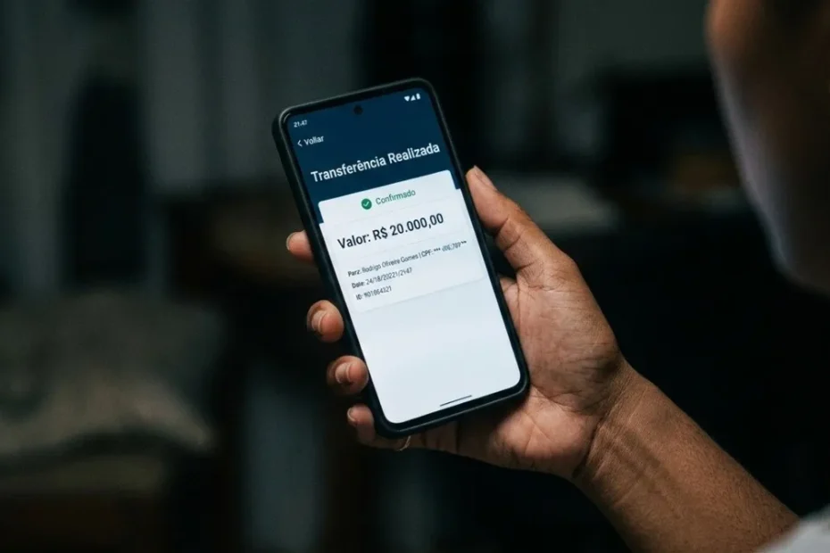 Smartphone com aplicativo de banco exibindo alerta de transação