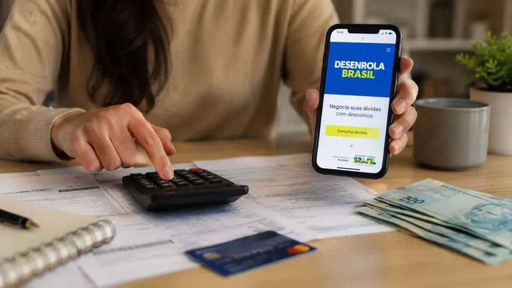 Pessoa brasileira olhando o celular, renegociando dívidas com o Desenrola 2.0, com foco em planejamento financeiro.