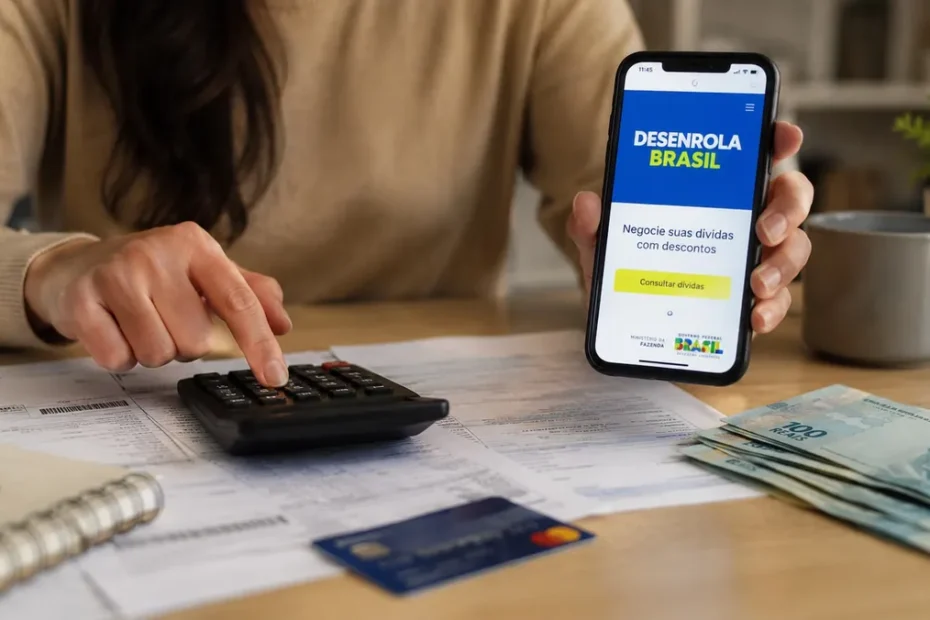Pessoa brasileira olhando o celular, renegociando dívidas com o Desenrola 2.0, com foco em planejamento financeiro.