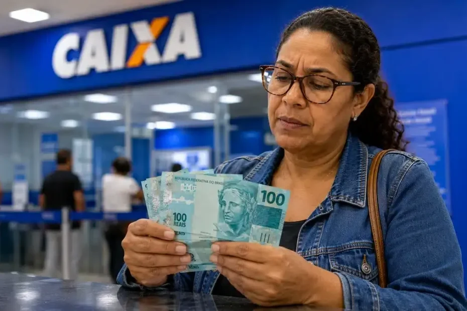 Mãos de uma pessoa idosa consultando o aplicativo FGTS ou Caixa Tem para verificar o saque do PIS/Pasep