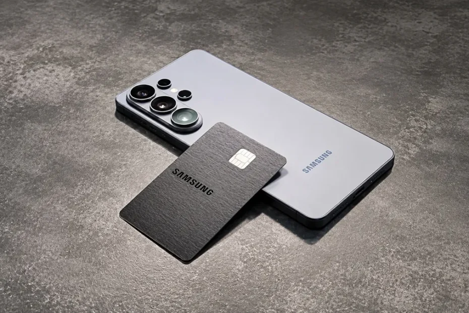 Mão segurando o novo Galaxy Card da Samsung com um terminal de pagamento ou smartphone ao fundo.