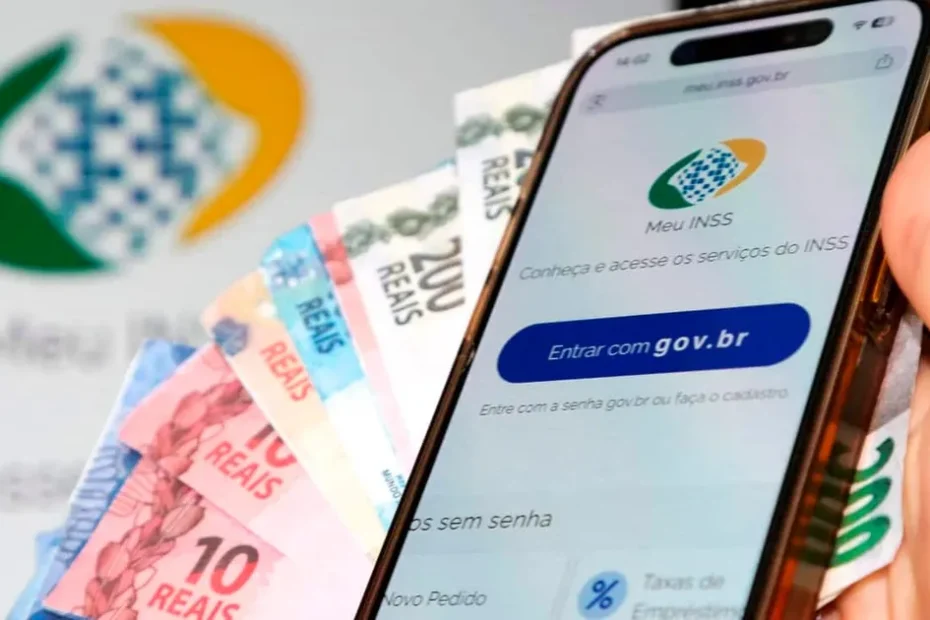 Mãos de aposentado consultando o aplicativo Meu INSS em smartphone para verificar ressarcimento de valores