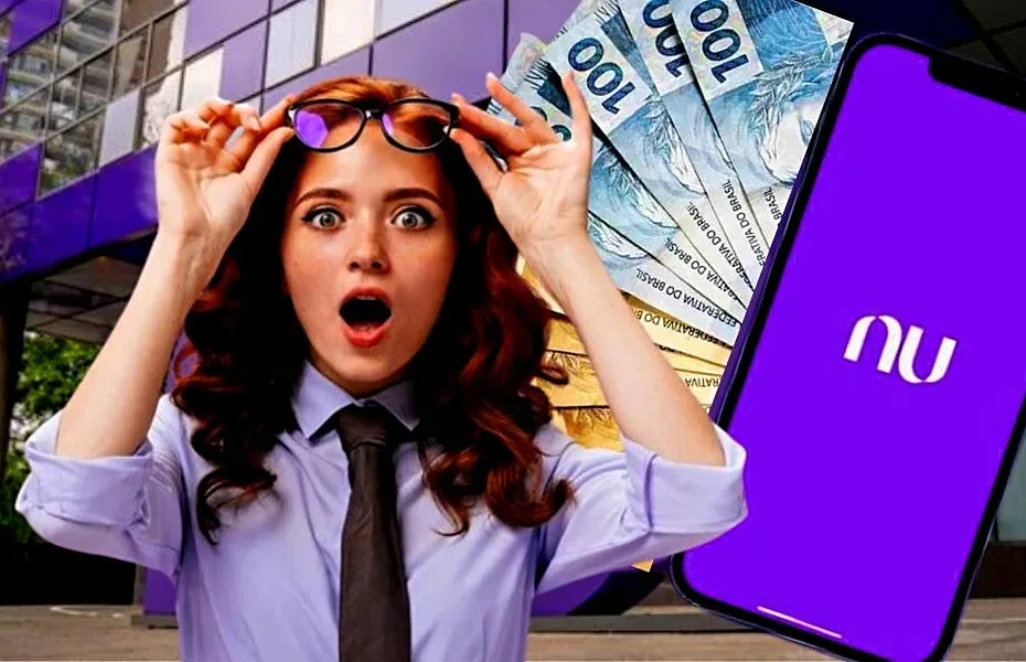 Pessoa usando o aplicativo Nubank para gerenciar a Caixinha Turbo, com dinheiro e gráficos de investimento ao fundo
