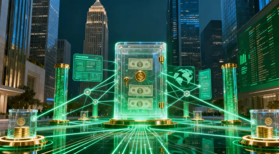 Mão segurando smartphone com aplicativo financeiro exibindo gráficos de rendimento em dólar, simbolizando o avanço do crédito digital onchain.