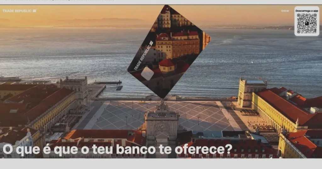 Smartphone com aplicativo da Trade Republic mostrando 3% de juros e bandeira de Portugal desfocada