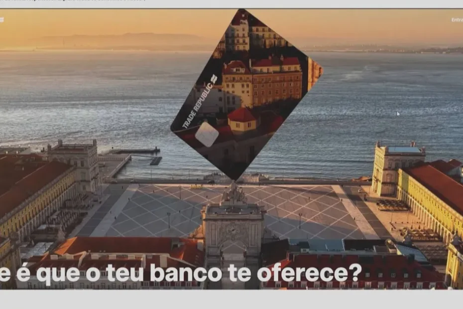 Smartphone com aplicativo da Trade Republic mostrando 3% de juros e bandeira de Portugal desfocada