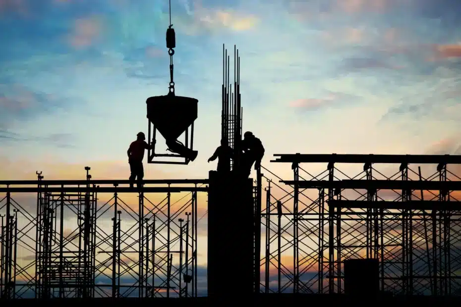 Trabalhador da construção civil com capacete olha projeto preocupado, simbolizando a falta de crédito no setor.