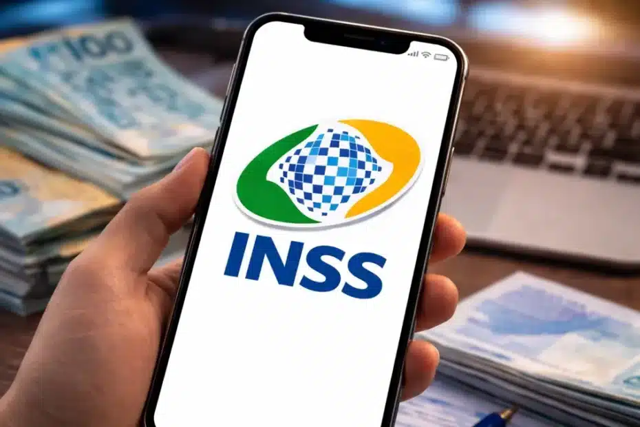 Pessoa olhando o aplicativo Meu INSS no celular com alerta de pendência
