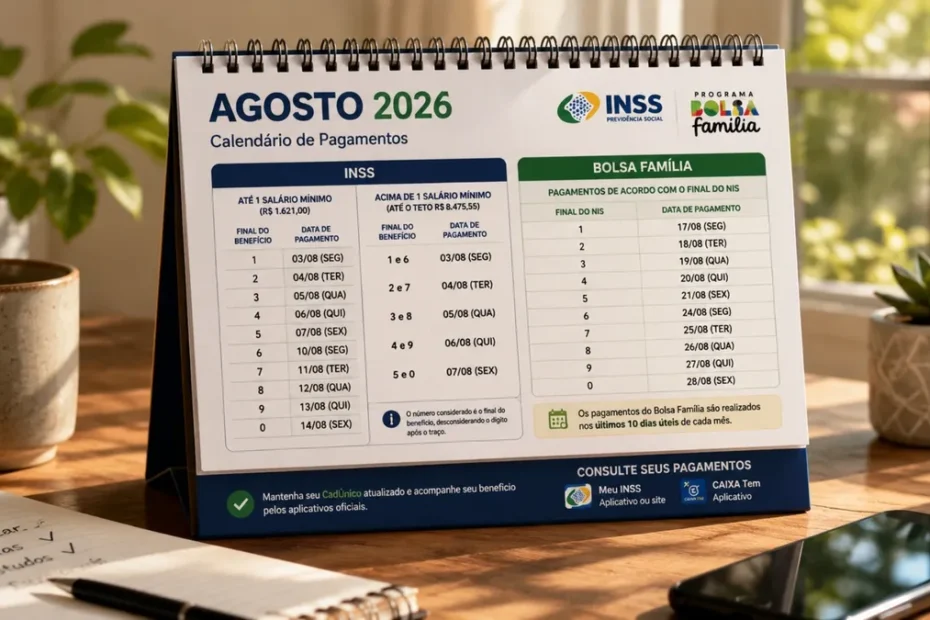 Pessoa consultando extrato de pagamentos do INSS ou Bolsa Família no celular, com um calendário ao fundo.