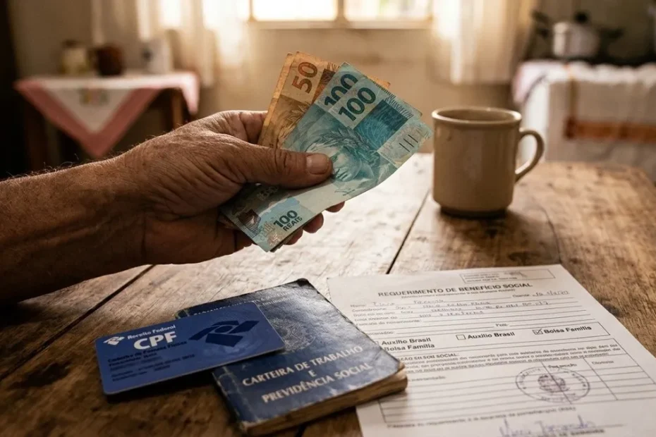 Idoso analisando documentos sobre benefício do INSS.