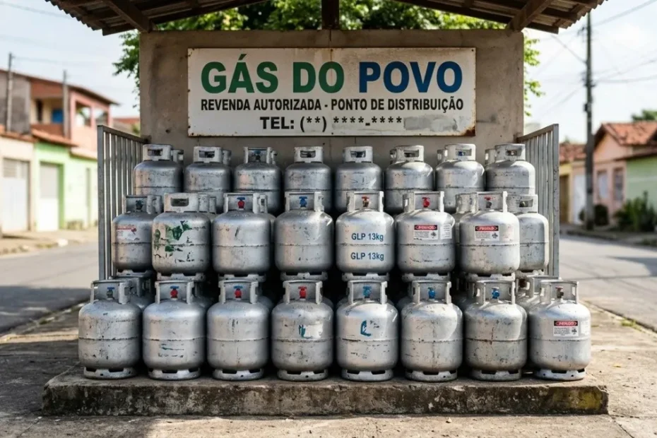 Família recebendo botijão de gás gratuito em casa, representando o auxílio do governo.
