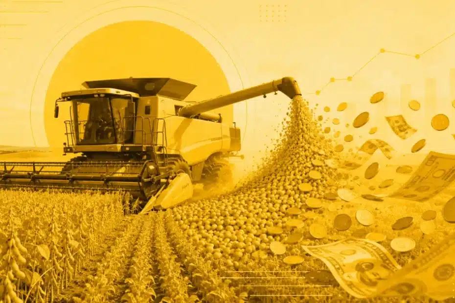 Produtores rurais em campo cultivado, simbolizando o financiamento do BNDES para o agronegócio.