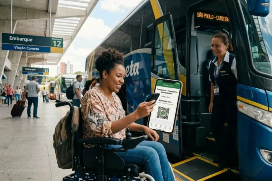 Pessoa com deficiência em cadeira de rodas exibindo a credencial digital do Passe Livre em um smartphone, com um ônibus interestadual ao fundo.