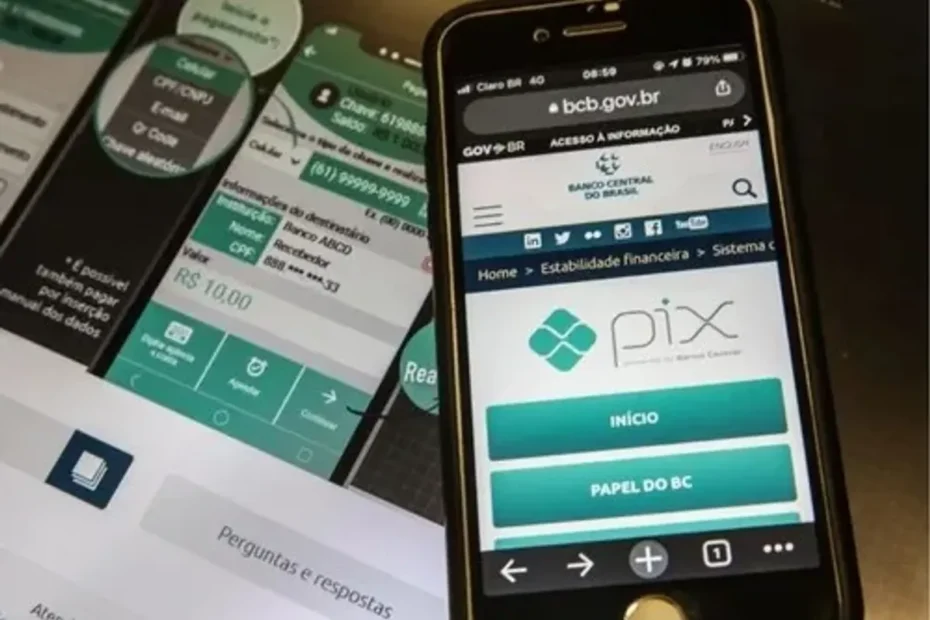 Mãos usando Pix em smartphone com fundo que sugere bandeiras do Brasil e dos EUA, simbolizando disputa financeira global