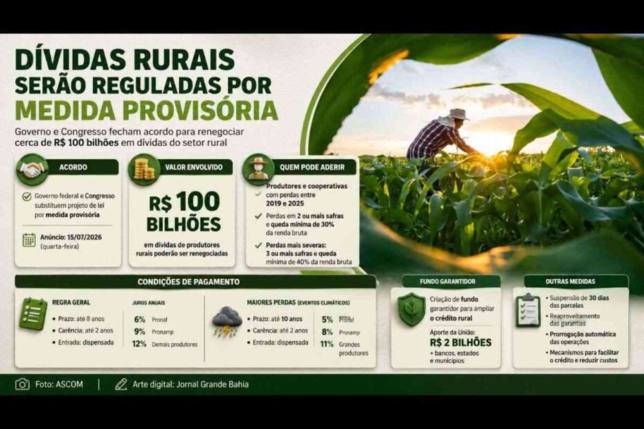 Agricultor observa sua lavoura com expressão de alívio e esperança após anúncio de renegociação de dívidas rurais