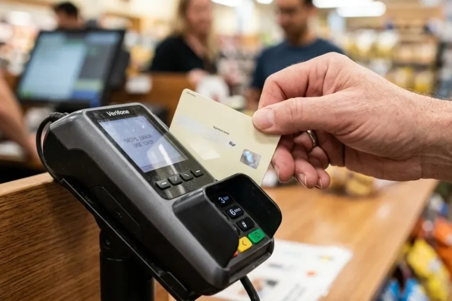 Pessoa realizando pagamento com cartão sem tarja por aproximação em terminal moderno.
