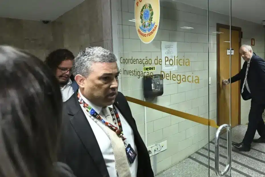 Policial federal escoltando Carlos Roberto Ferreira Lopes, presidente da Conafer, após sua prisão no Distrito Federal, investigado por fraude no INSS.