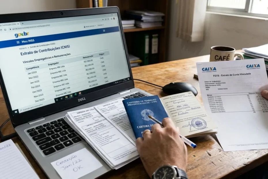 Pessoa idosa consultando extrato do INSS e carteira de trabalho para correção de dados