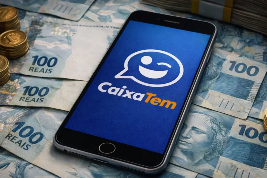 Pessoa utilizando o aplicativo Caixa Tem no celular para consultar o Bolsa Família