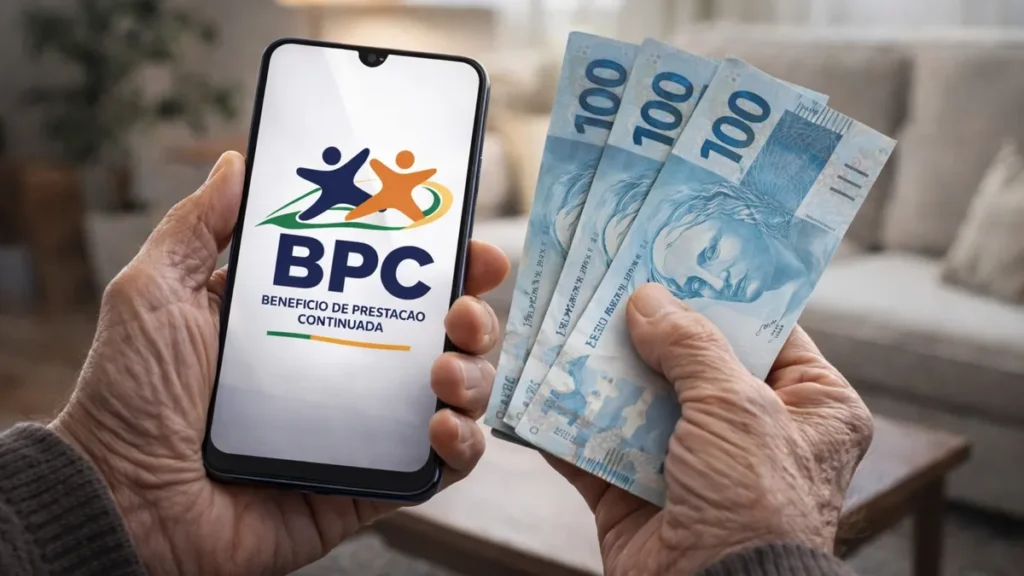 Idoso e pessoa com deficiência consultando informações sobre o BPC no celular, em casa