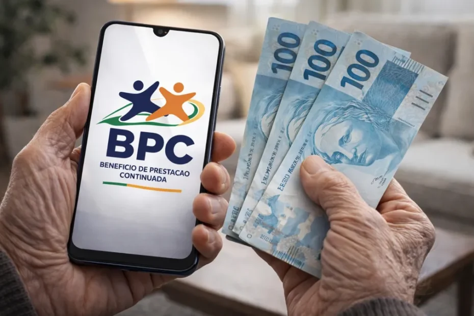 Idoso e pessoa com deficiência consultando informações sobre o BPC no celular, em casa