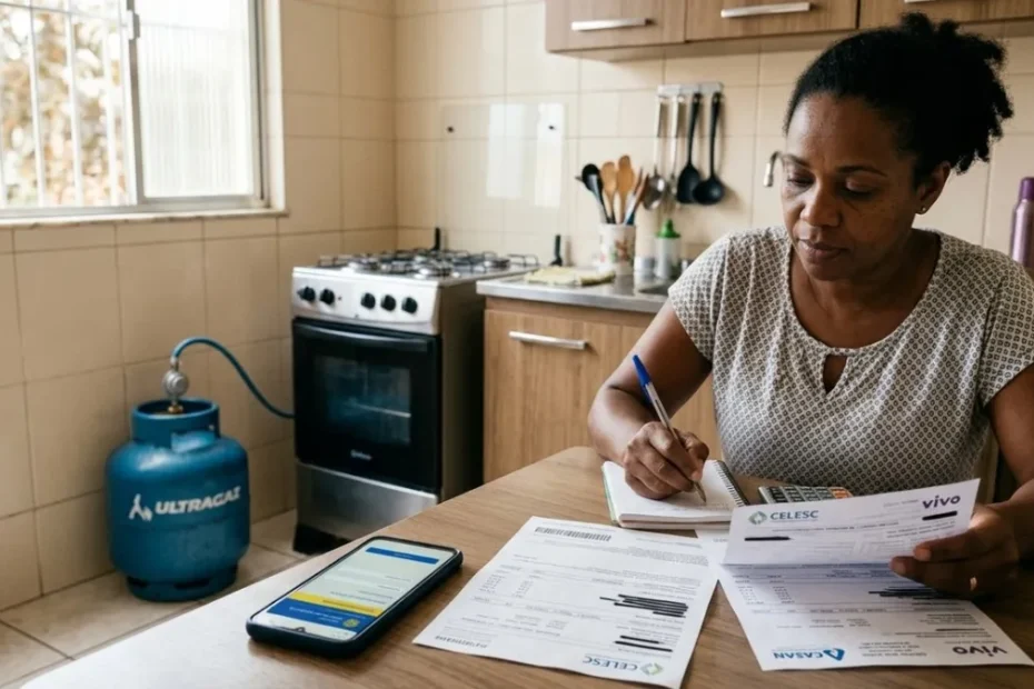 Família de baixa renda examina uma conta de energia, com botijão de gás ao fundo, representando o benefício de cashback.