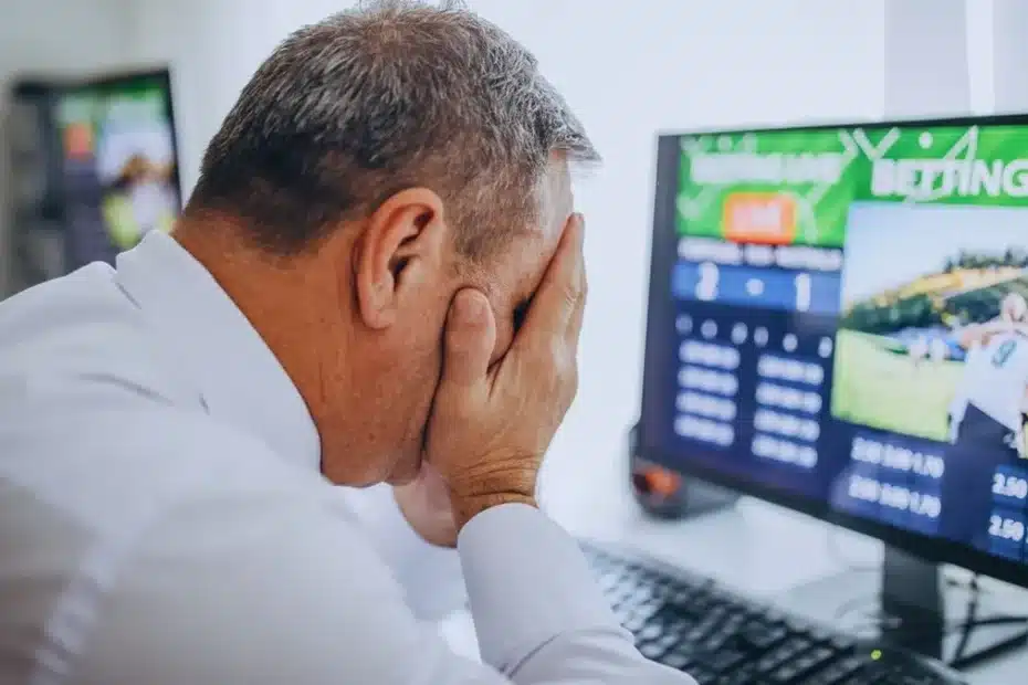 Mãos segurando celular com aplicativo de apostas online e notas de dinheiro.