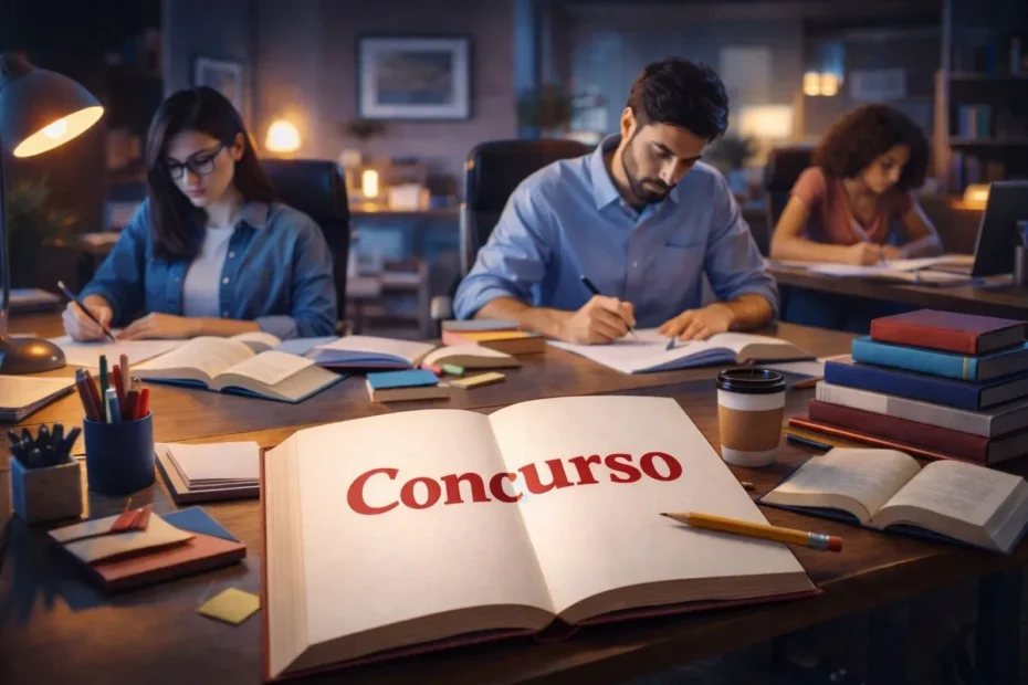 Pessoas concentradas fazendo prova de concurso público em sala de aula.