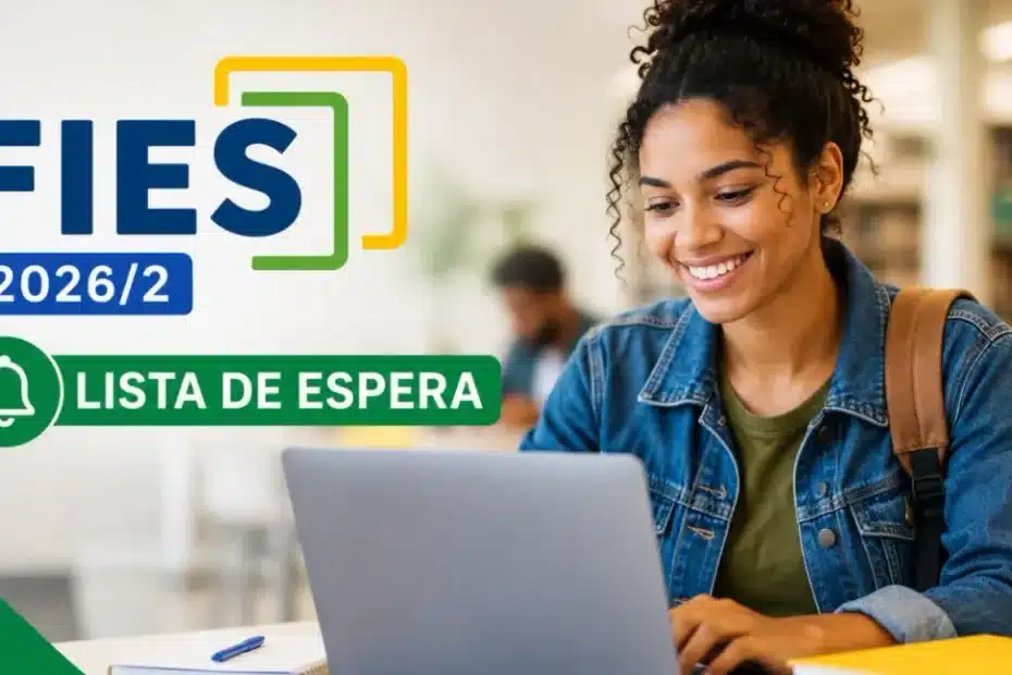 Estudante focado consultando lista de espera do Fies no computador com um calendário ao lado