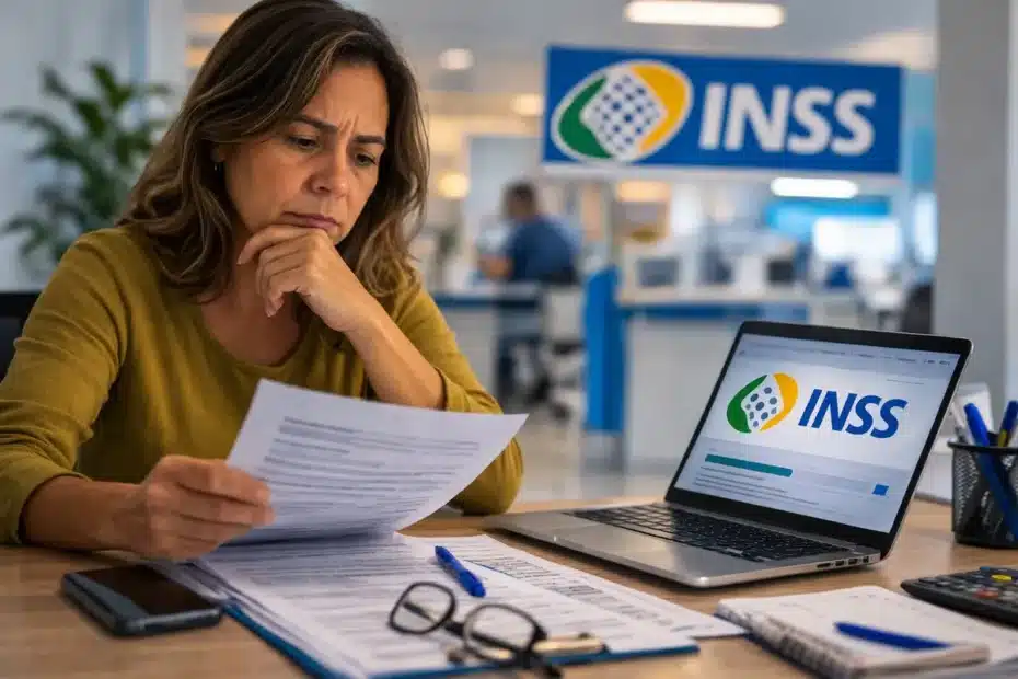 Pessoa lendo documentos e utilizando aplicativo Meu INSS para solicitar benefício